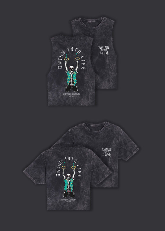 "Swing Into Life" Crop Tee/Tank (Black Tie-Dye)